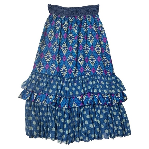 Free People Blue Batik Silk Ruffle Midi Skirt XS - Picture 10 of 11